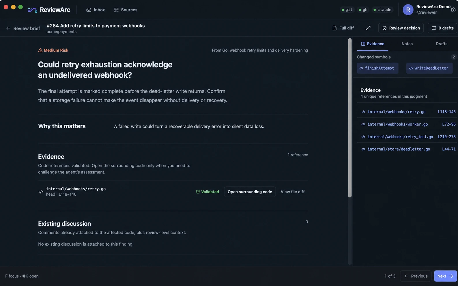 ReviewArc's real focused judgment view with fictional demo content, showing why a risk matters, validated evidence, and navigation between judgments
