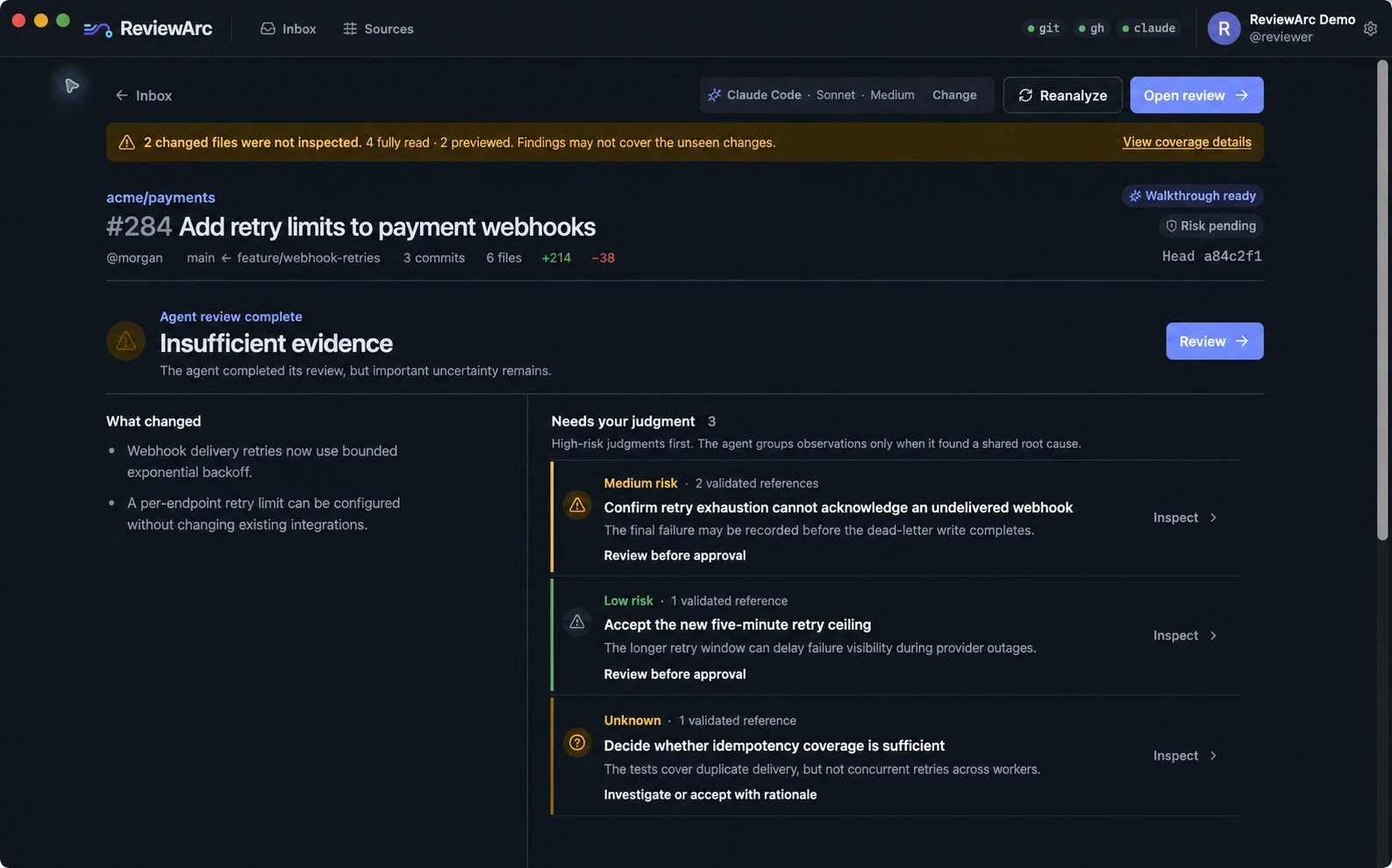 ReviewArc's real review brief with fictional demo content, showing an insufficient-evidence recommendation and three judgments needing attention